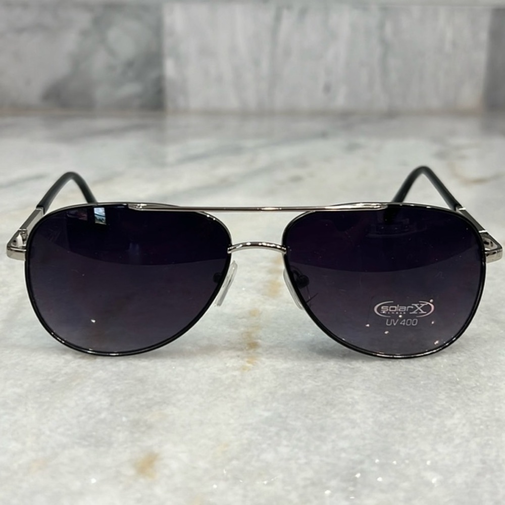 Solar X Wire Rimmed Pilot Style Sunglasses in Black and Silver